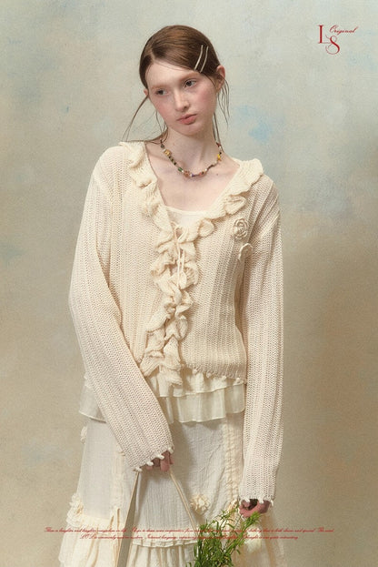 Frill bloom knit cardigan