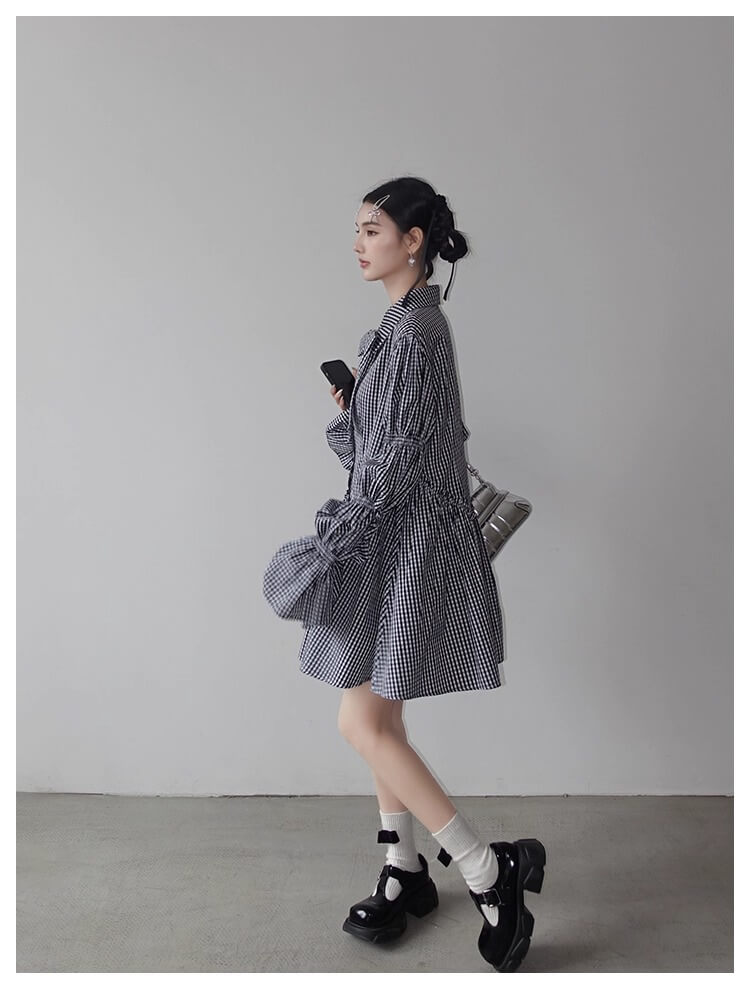 Ribbon Puff Gingham Dress