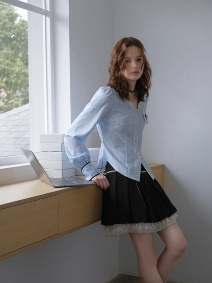 Lace Ribbon Sailor Stripe Blouse