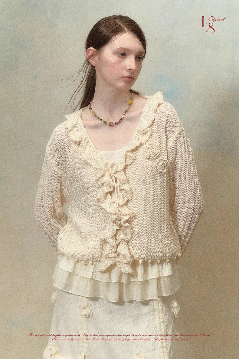Frill bloom knit cardigan