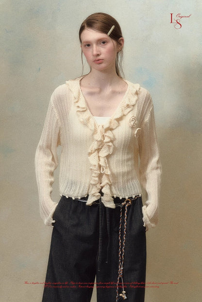 Frill bloom knit cardigan