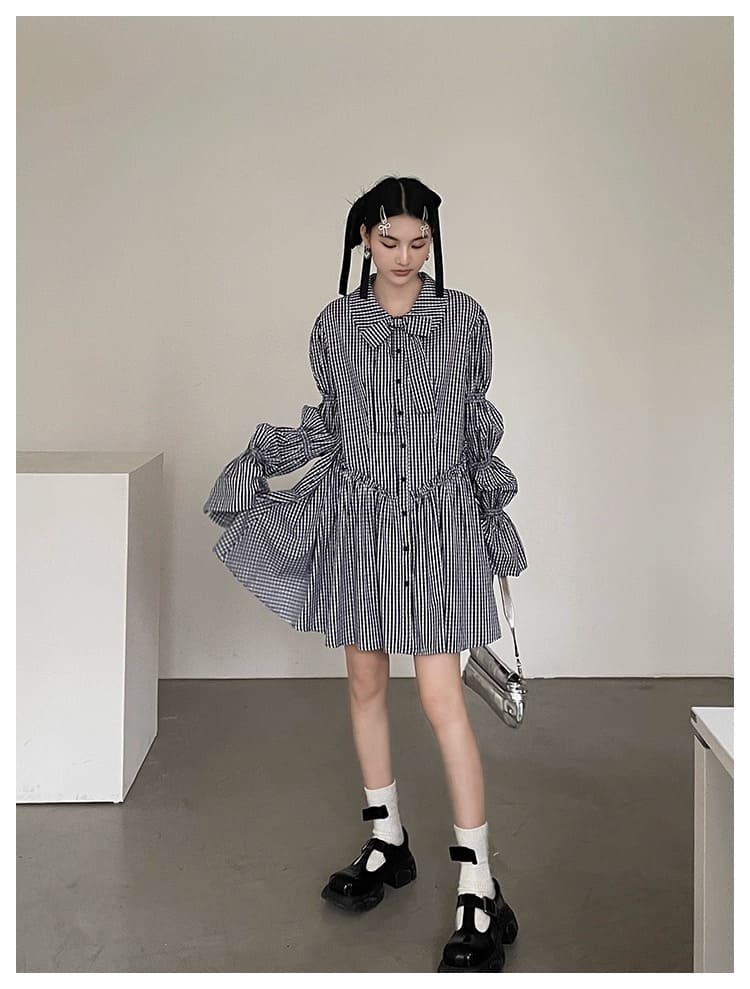 Ribbon Puff Gingham Dress