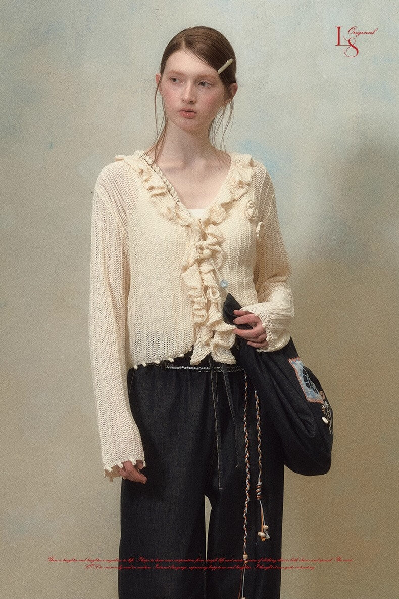 Frill bloom knit cardigan