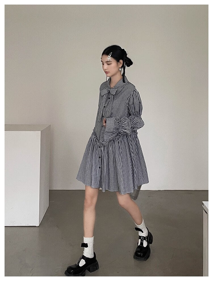 Ribbon Puff Gingham Dress
