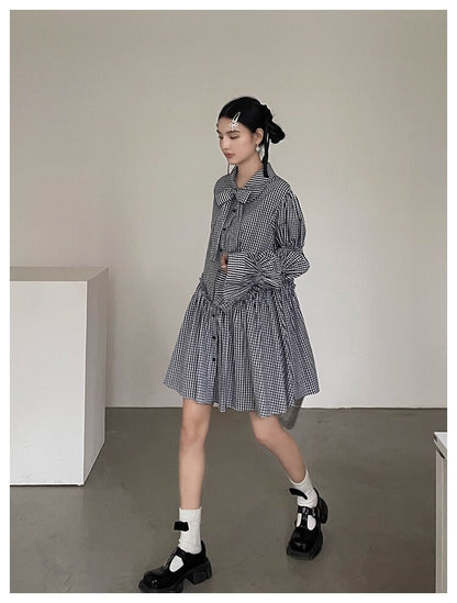 Ribbon Puff Gingham Dress