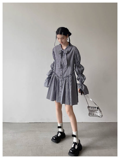 Ribbon Puff Gingham Dress
