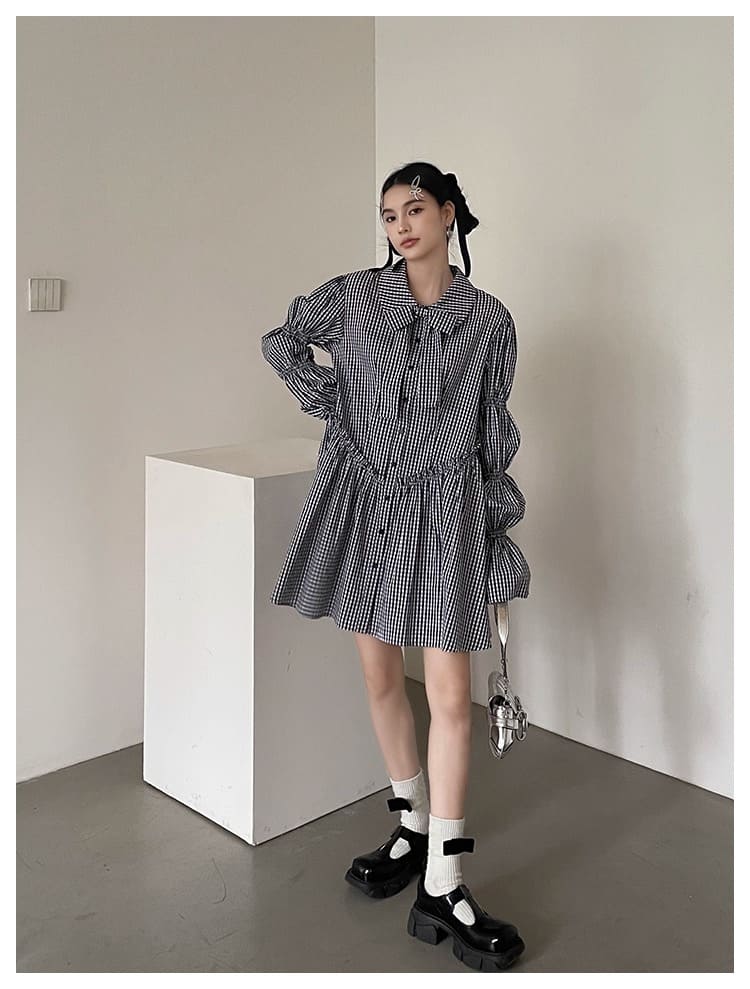 Ribbon Puff Gingham Dress