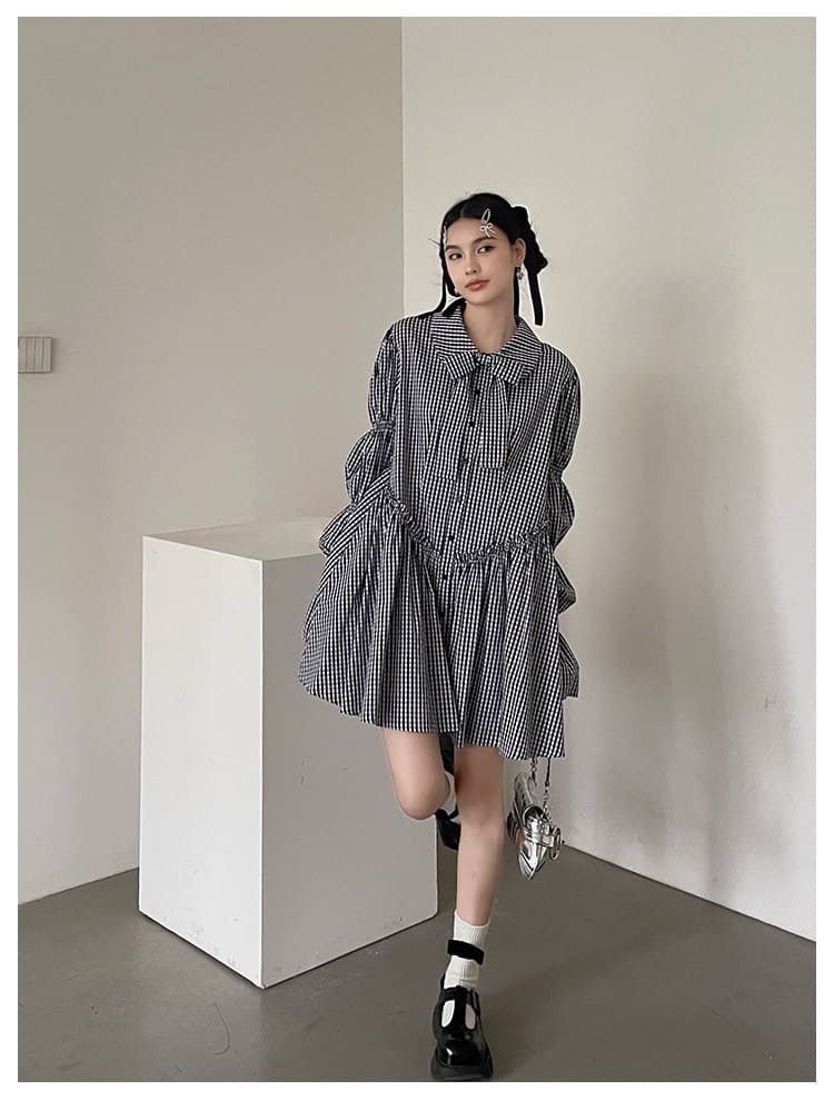 Ribbon Puff Gingham Dress