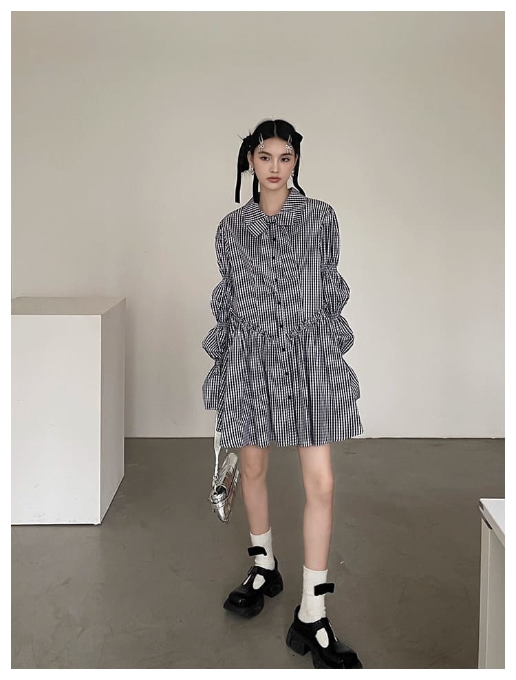 Ribbon Puff Gingham Dress